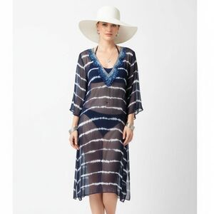 Sussan Blue & White 100% silk Striped Sheer Tunic Top Swim Cover Up Dress 12